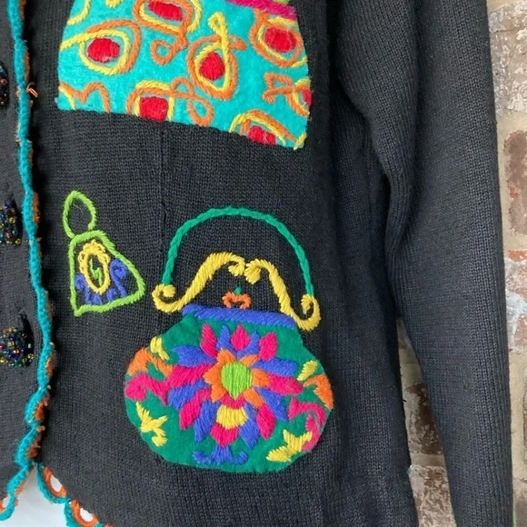Vintage 1994 Michael Simon multi color crochet patch sweater Size S Purses - Picture 6 of 16